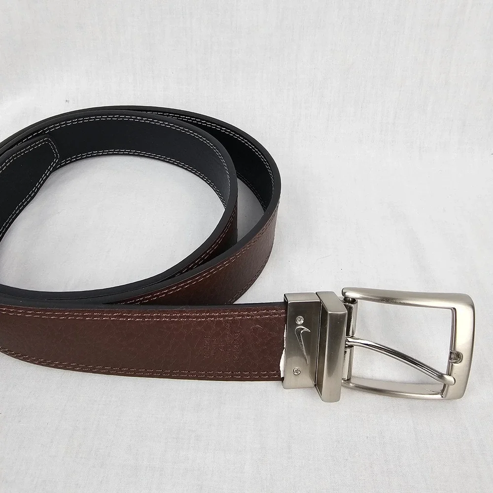 Nike Mens‎ Reversible Leather Belt Black Brown Silver Buckle Swoosh Logo Size 42